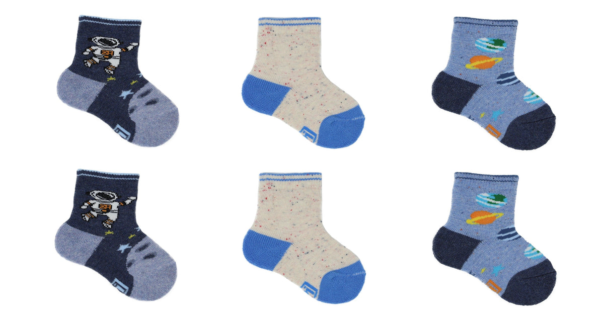 Chaussettes Bébé Espace en Coton Écologique - Bleu, Beige, Gris (6 paires)